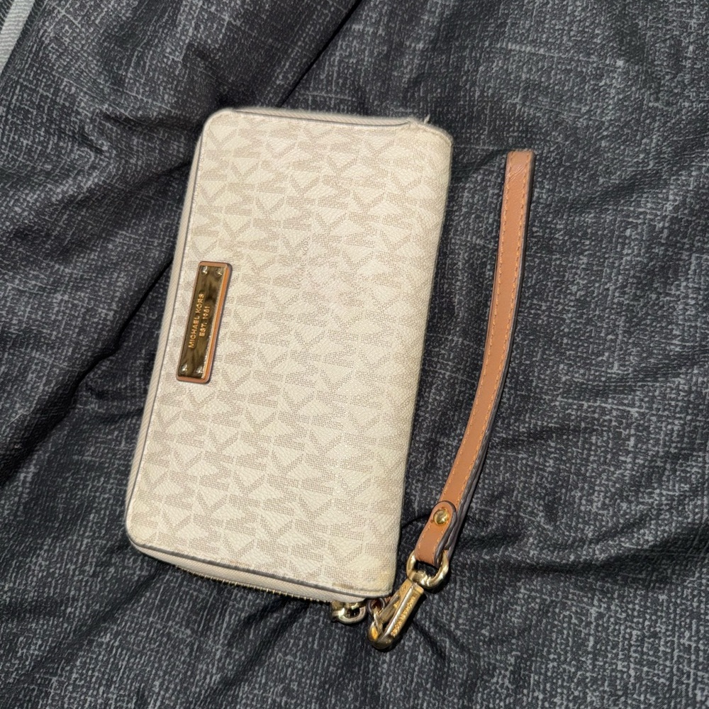 Michael Kors Cream Wristlet with Tan Strap